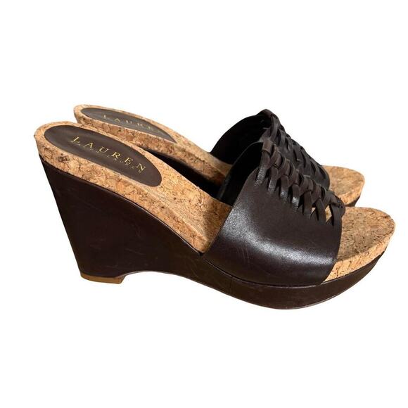 y2k vtg. Ralph Lauren  Brown leather platfor,m slides sandals heels size 6 1/2 - Picture 4 of 8